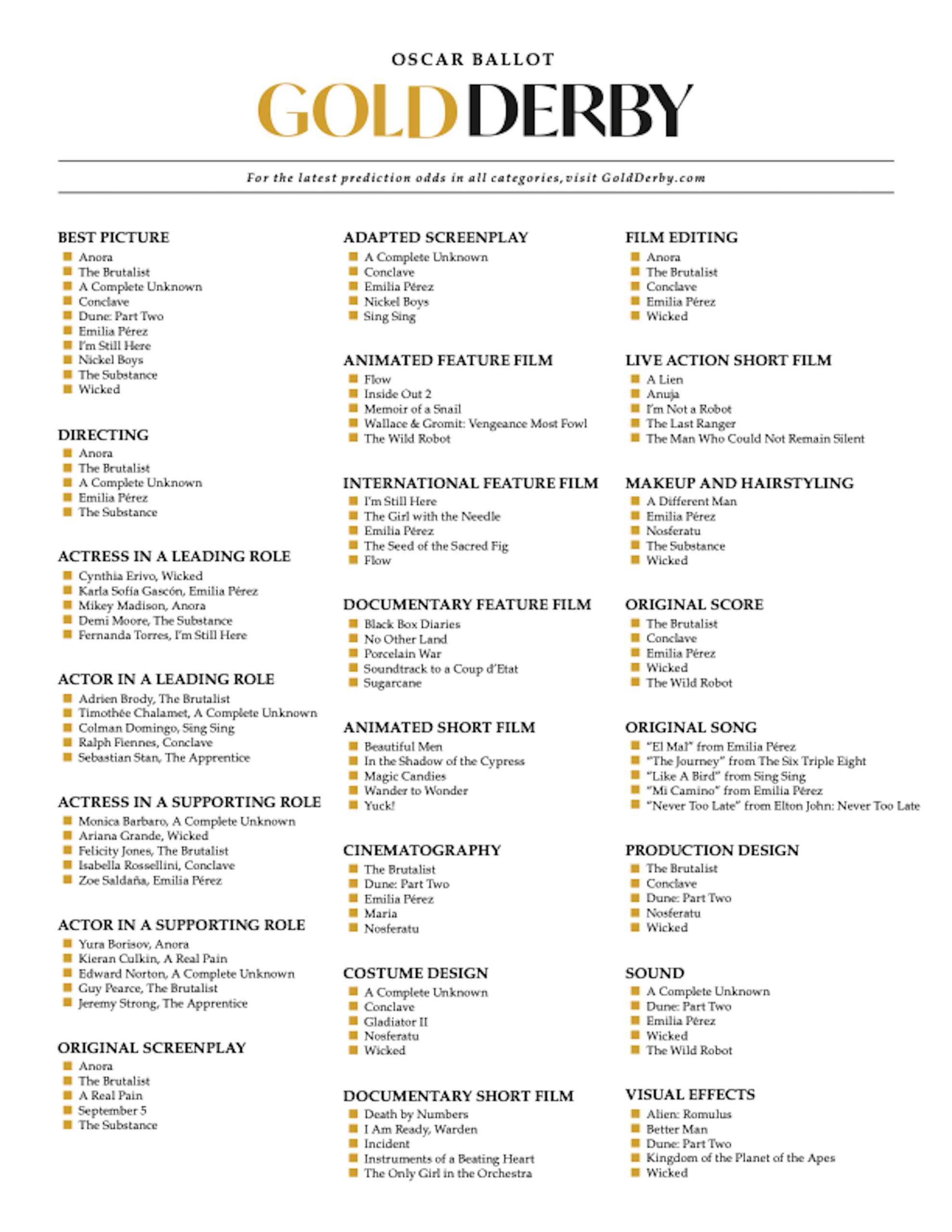 2025 Oscars The Ultimate Printable Ballot To Make Your Own Predictions