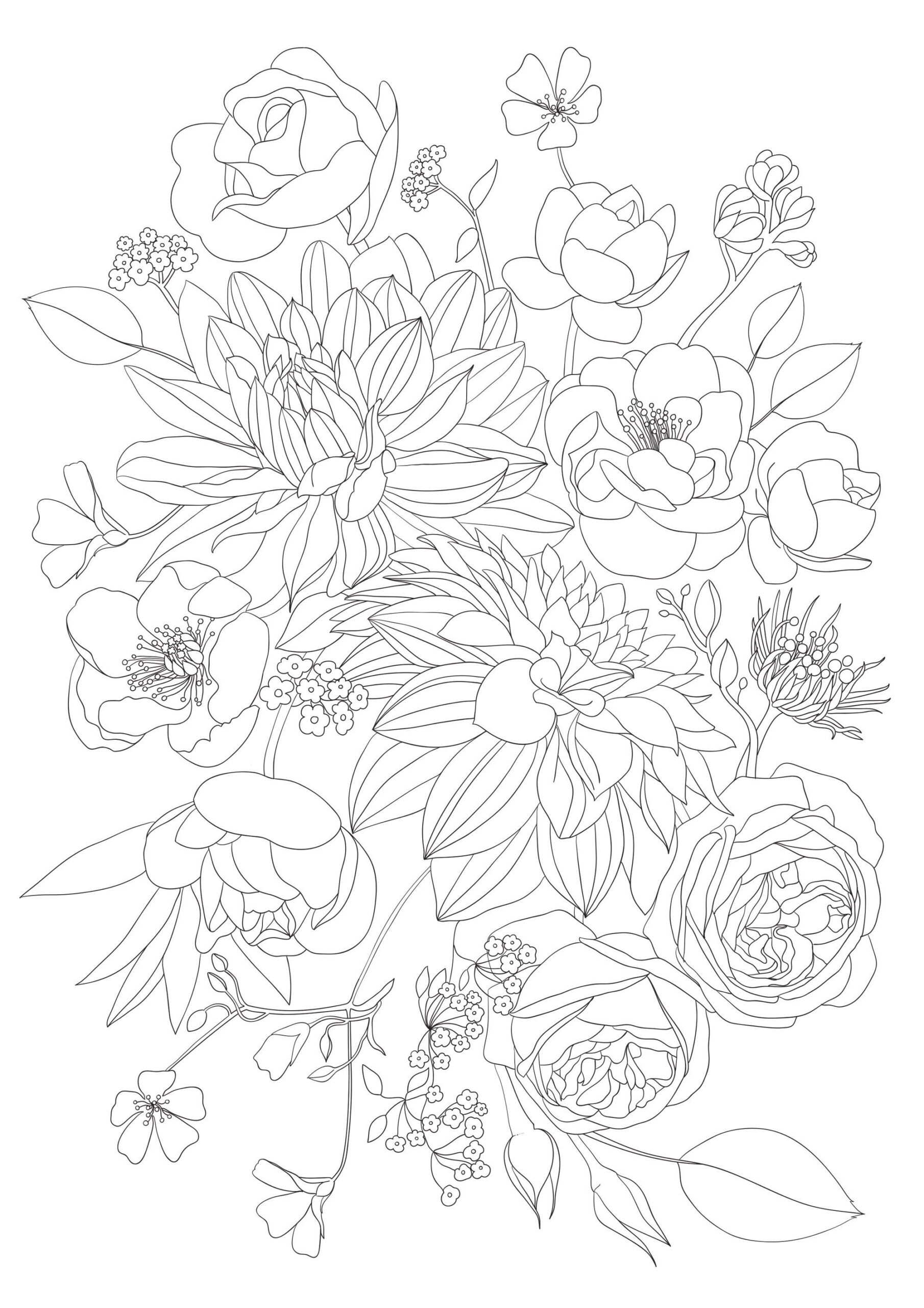 4 Printable Adult Flowers Coloring Pages PNG A4 Roses And Chrysanthemum Relaxing Hobby Creating Floral Art For Wall Decor Lovely Gift Etsy Israel