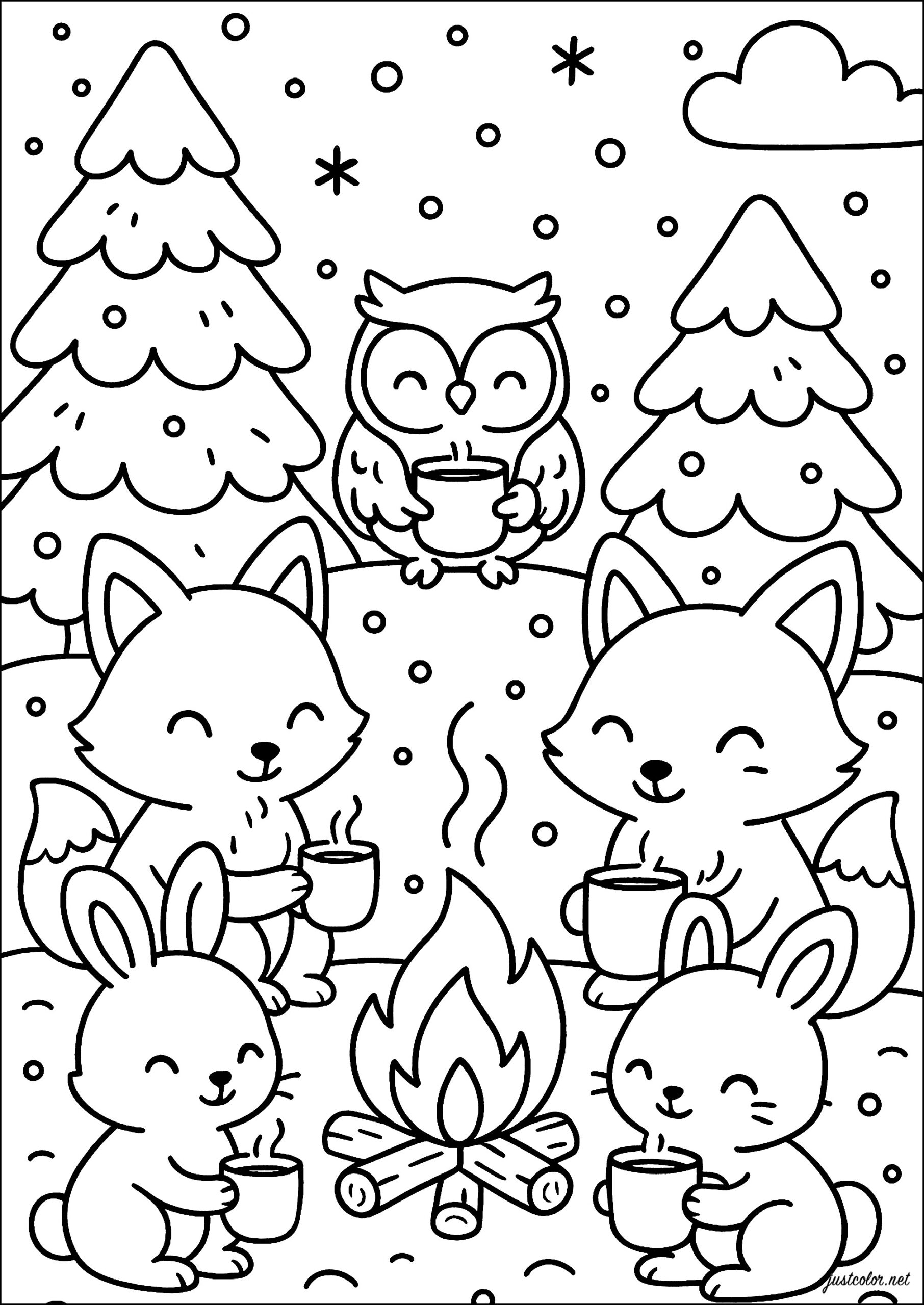 A Warm Gathering Of Happy Animals Winter Coloring Pages