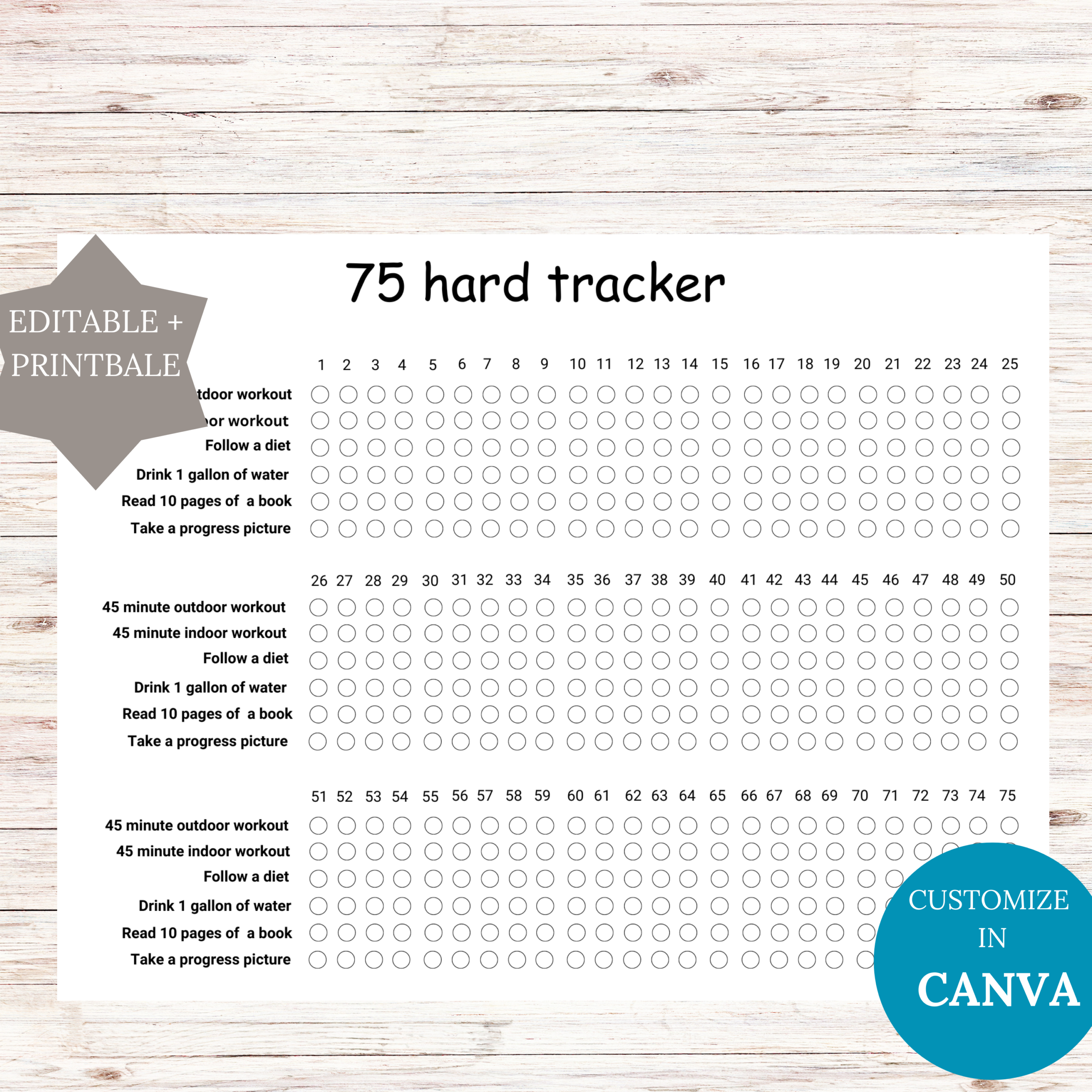 Editable 75 Day Challenge Tracker Printable