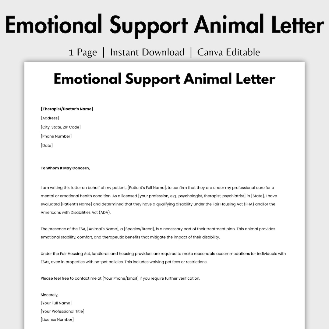 Editable Emotional Support Animal Letter Printable ESA Letter Template Service Animal SOAP Notes Therapy Dap Note Therapist Note Etsy