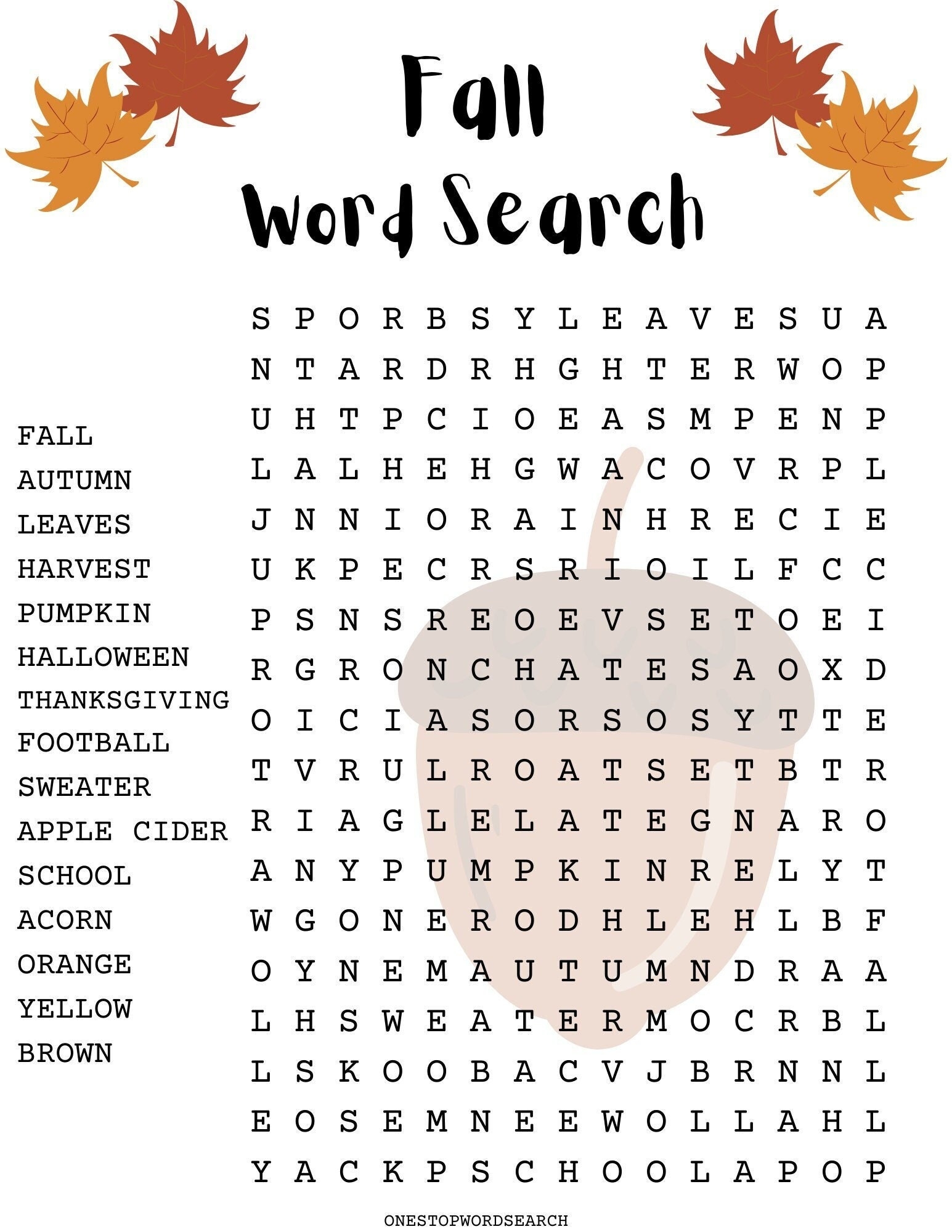 fall word search puzzles printable