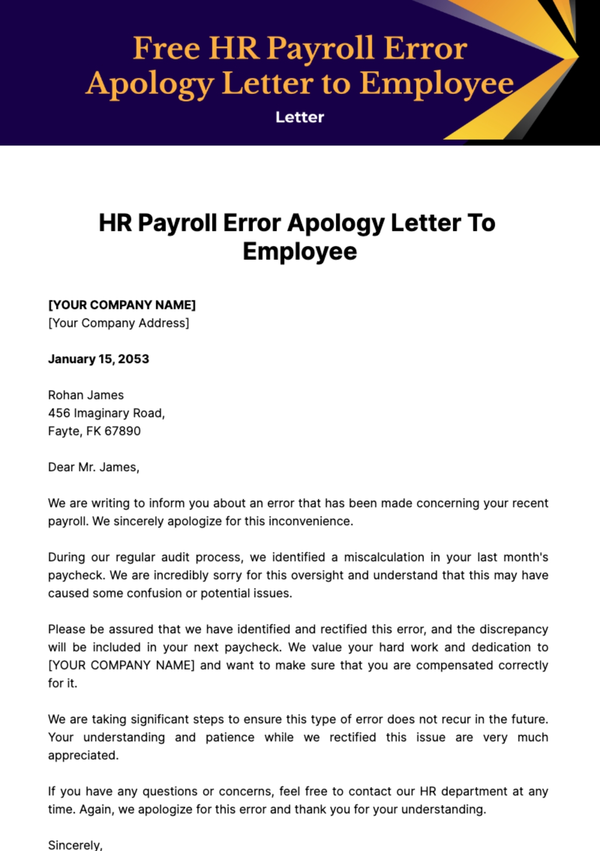 Free HR Payroll Error Apology Letter To Employee Template To Edit Online