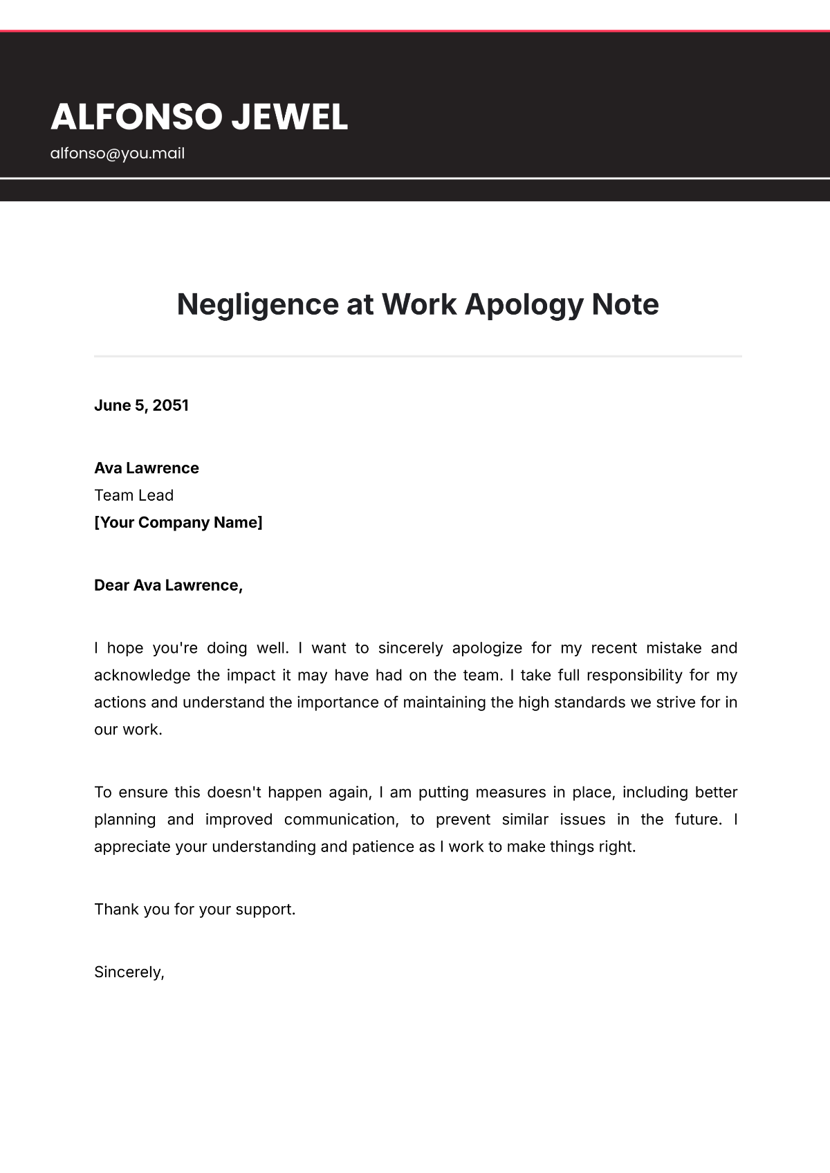Free Negligence At Work Apology Note Template To Edit Online