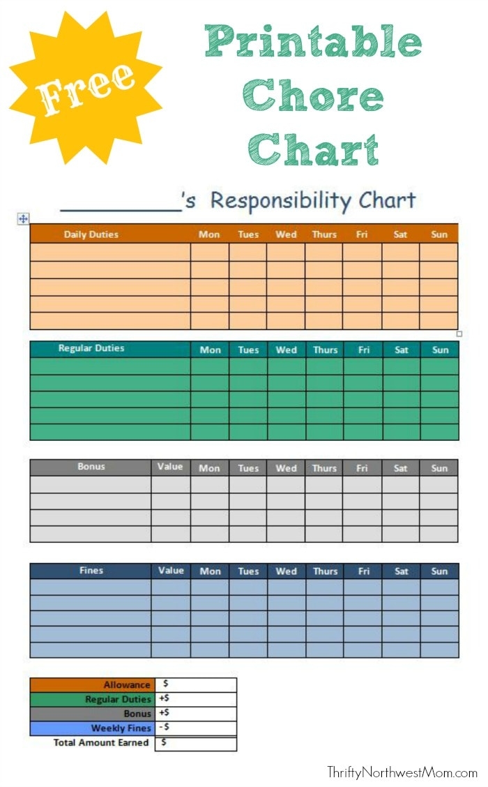 printable children's chore chart