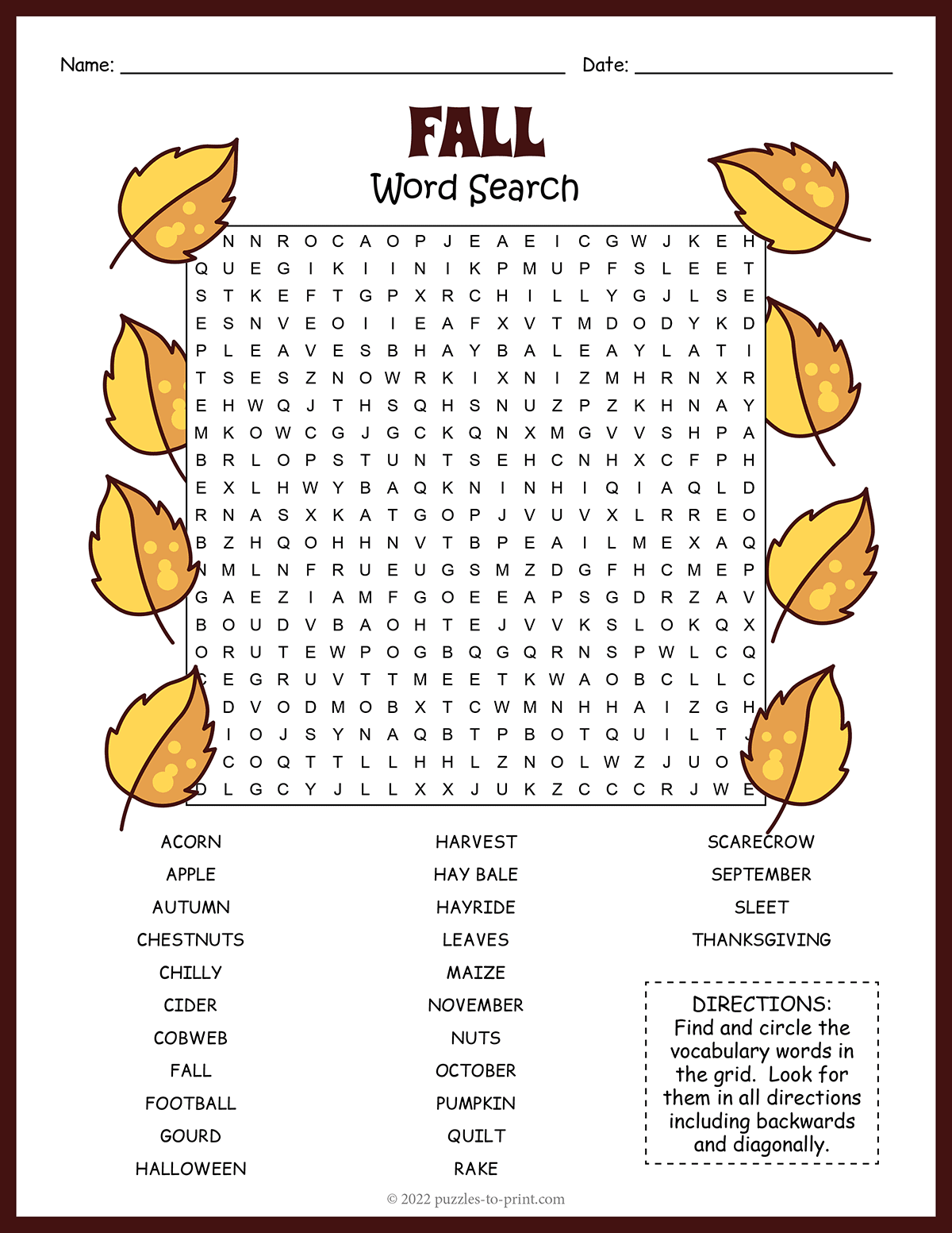 printable word search for fall
