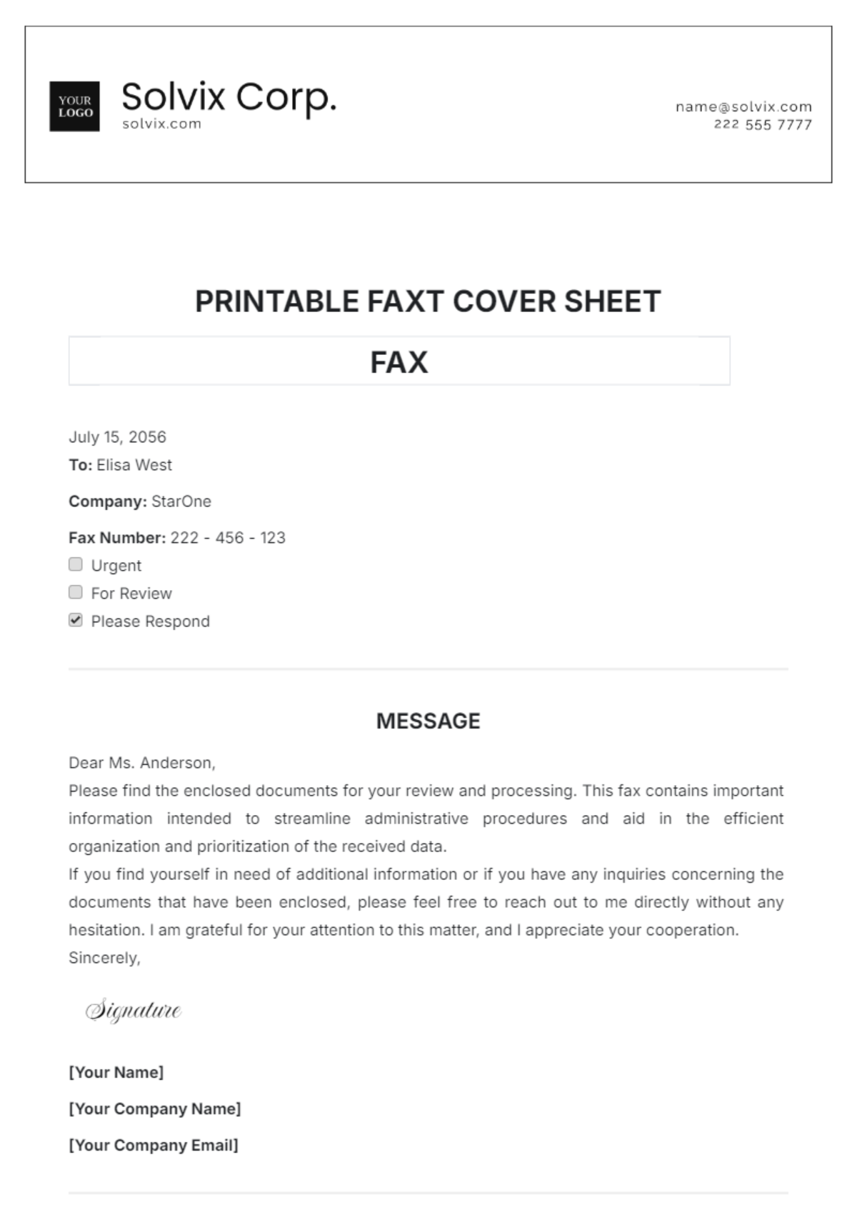 fax cover letter printable