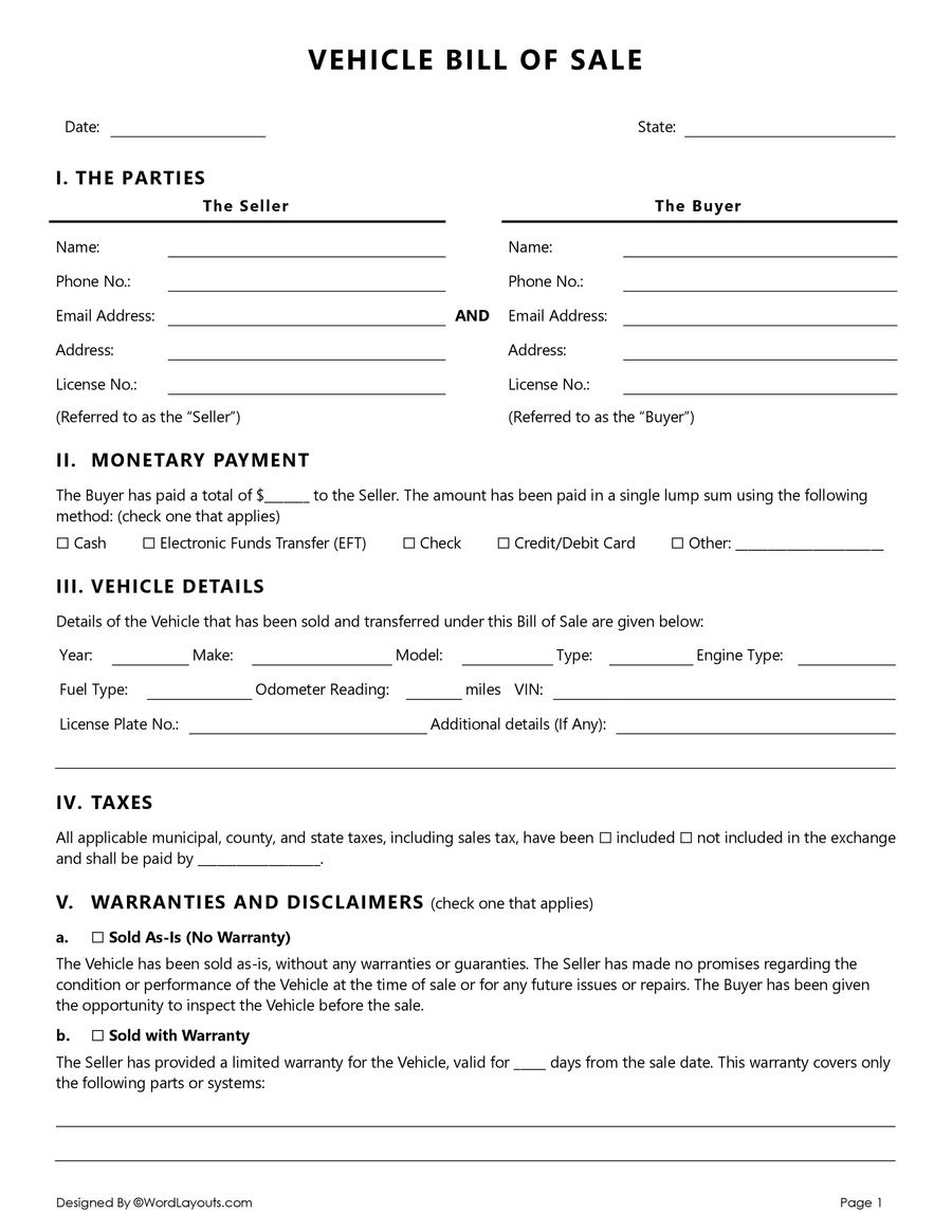 Free Vehicle Bill Of Sale Form Word Google Docs