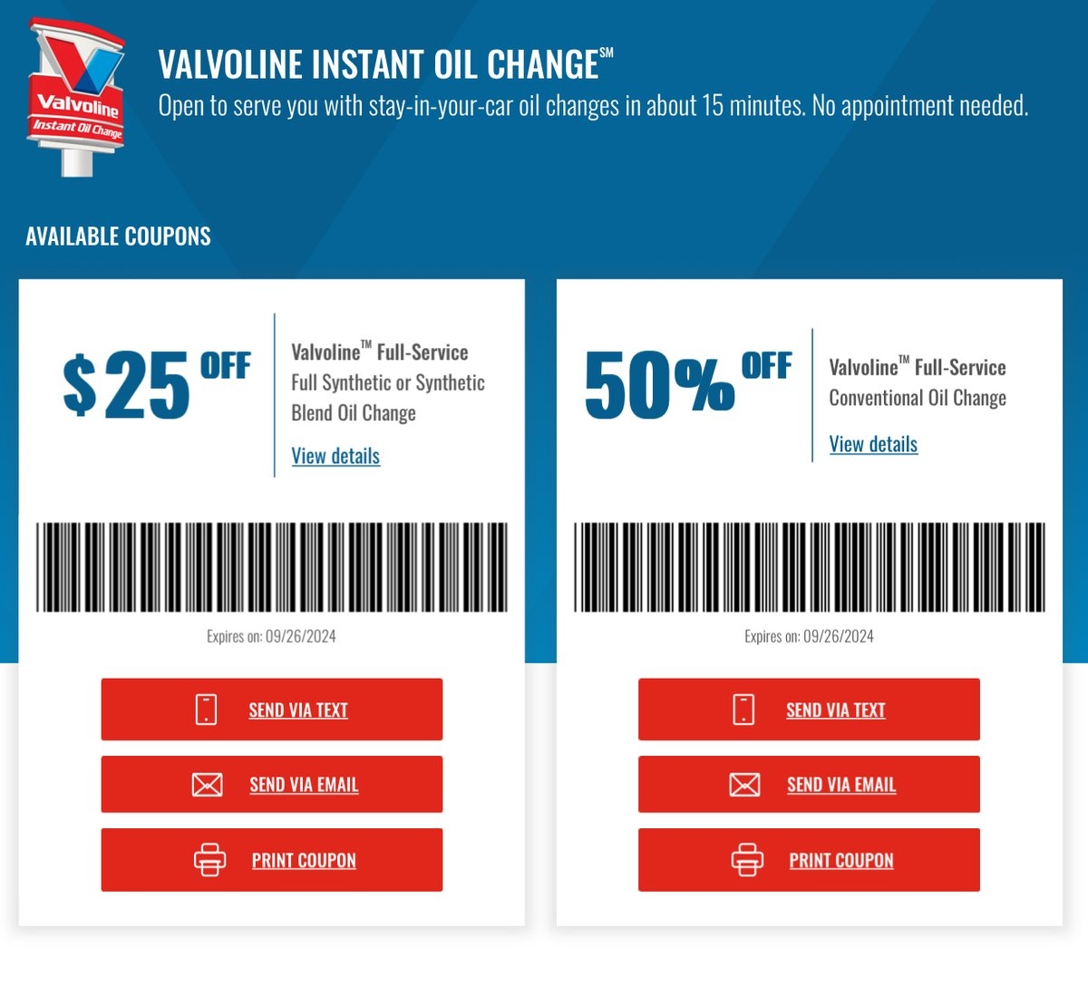 Instant Oil Change Coupons Available Via Valvoline 25 Off Valvoline Full Service Full Synthetic Or Synthetic Blend Oil Change 50 Off Valvoline Full Service Conventional Oil Change Https t co ZN1CLND7x3 LRDeal AD