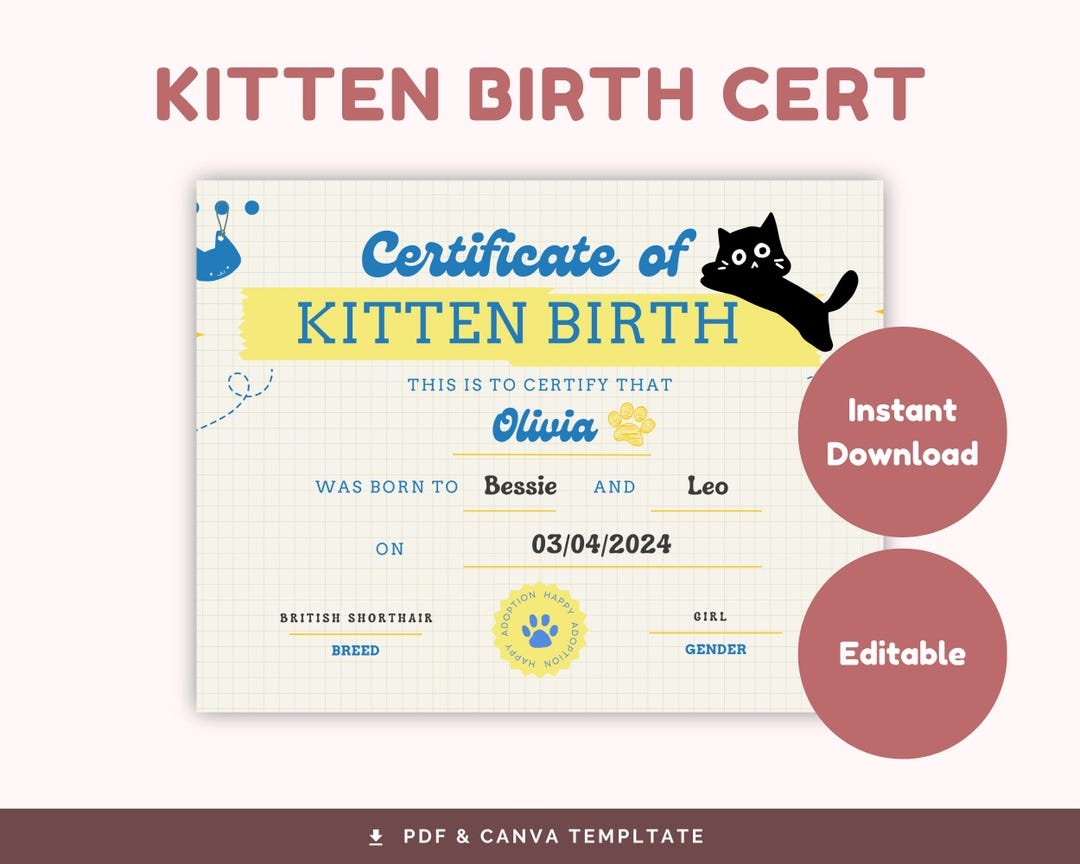 cat birth certificate free printable pdf