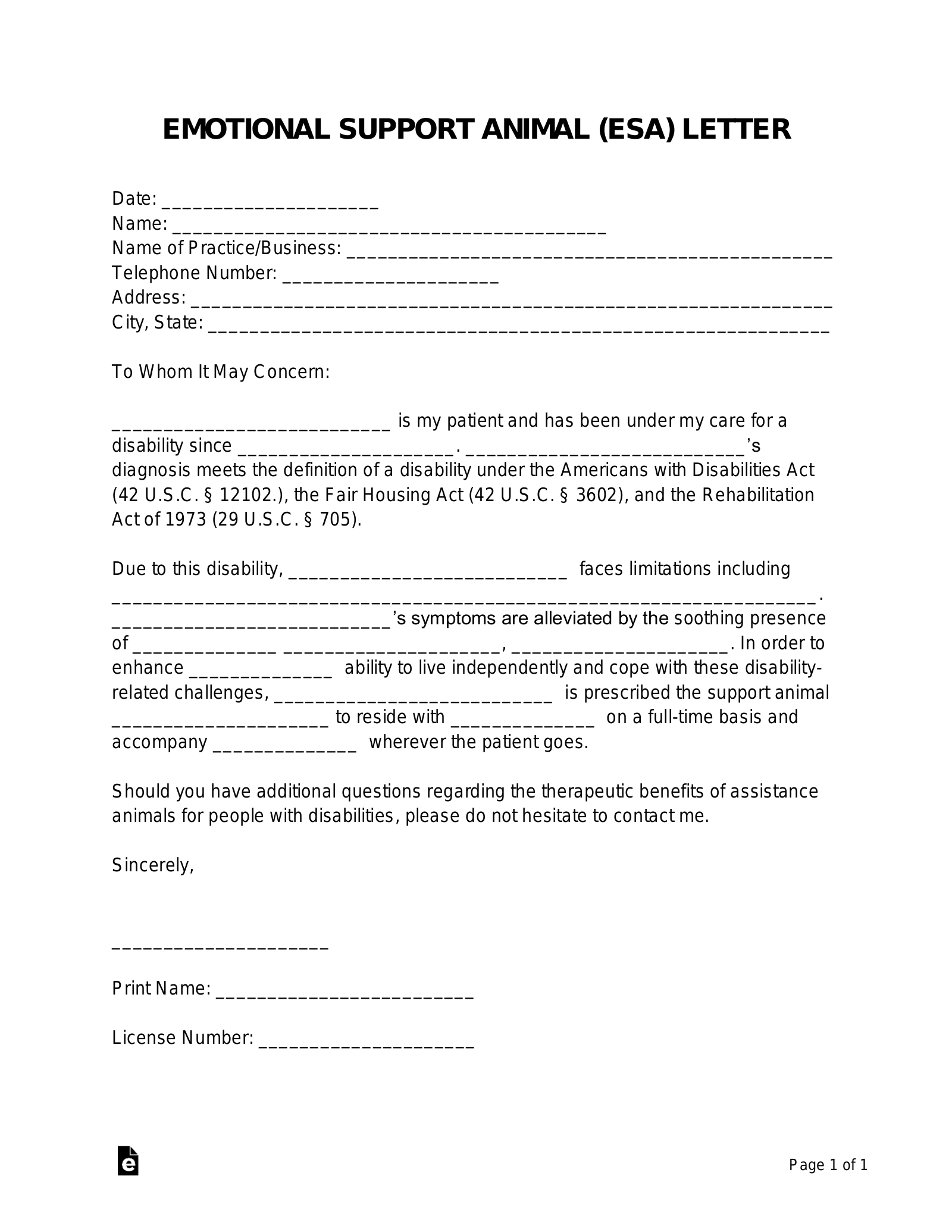 Letter Free Emotional Support Animal Official Free Emotional Support Animal ESA Letter Template PDF Word