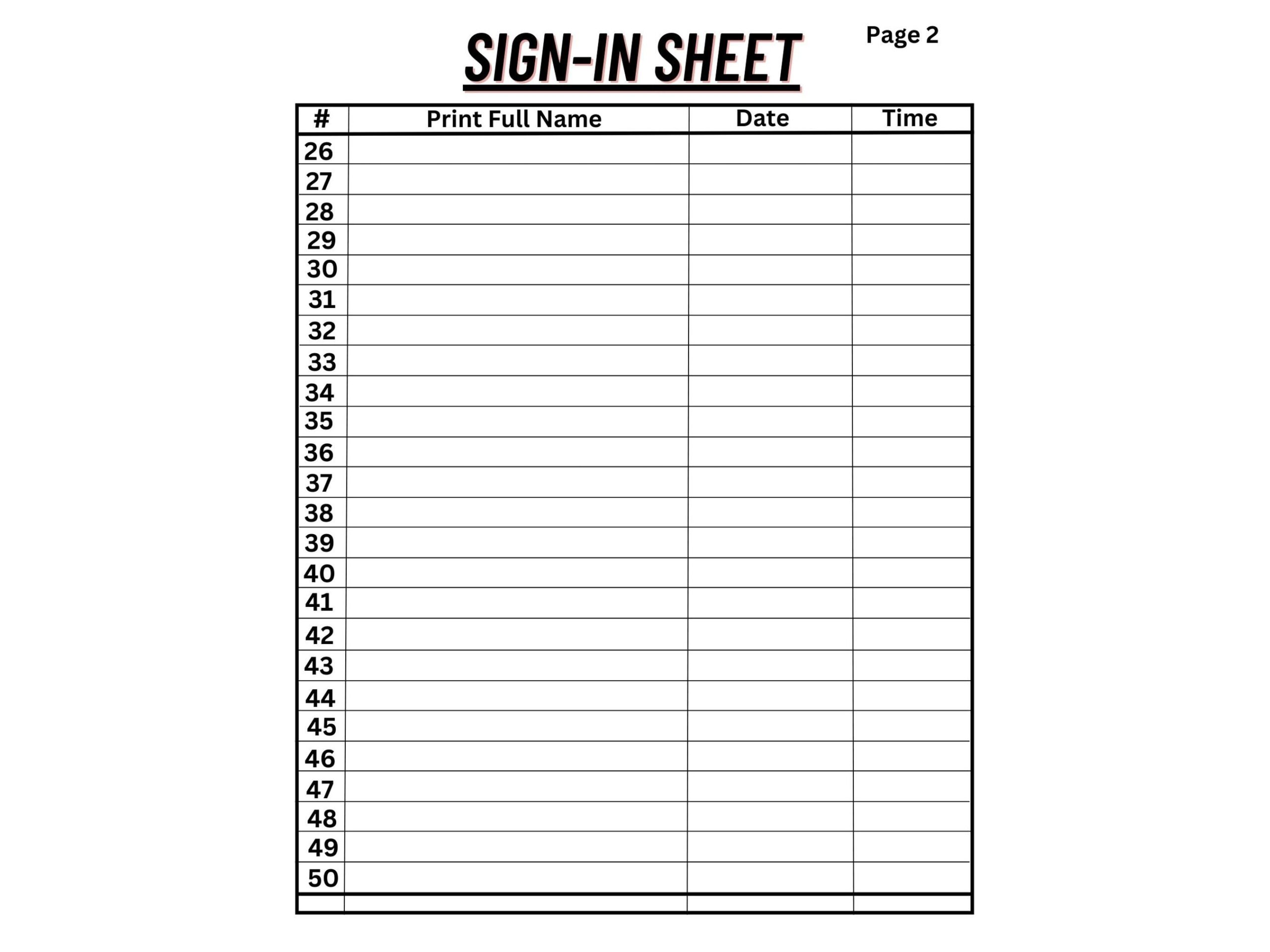 Printable Sign in Sheet 25 Rows 8 5x11 Inches Etsy Israel
