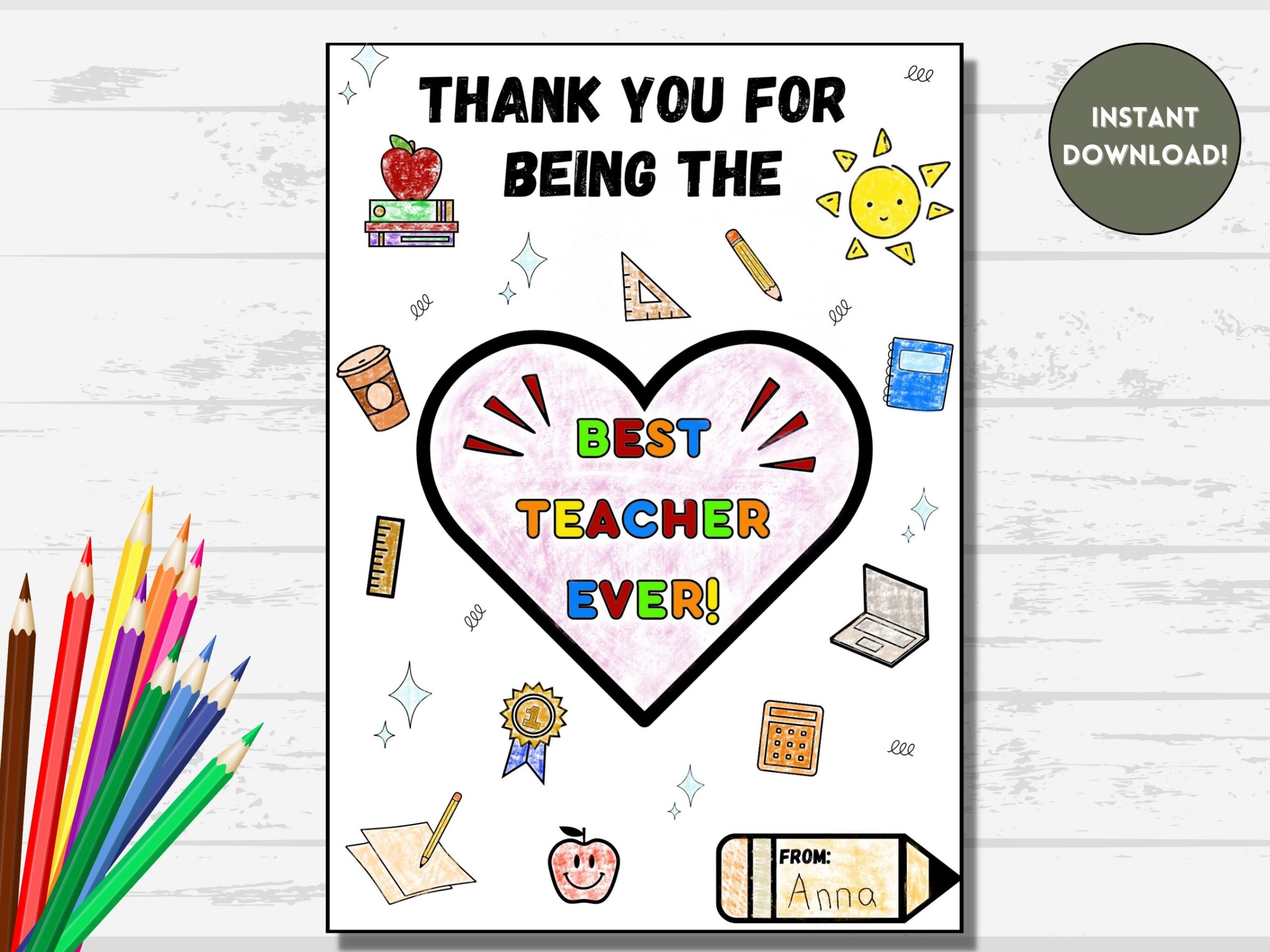 Printable Thank You Card For Teacher Teacher Appreciation Card Colorable Card Kids Cards DIY Cards Instant Download Teacher Gifts Etsy