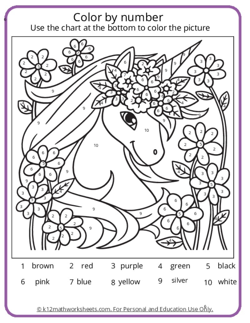 Unicorn Color By Number Pages K12 Math Worksheets Unicorn Color By Number Pages K12 Math Worksheets